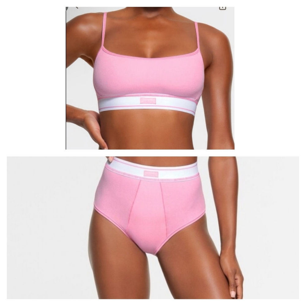 Skims Cotton Rib Scoop Bralette & Cotton Rib High Waisted Briefs Bubble Gum Pink